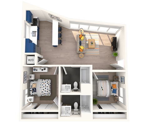 Floor plan for 2 beds, 2 baths, 840 sqft